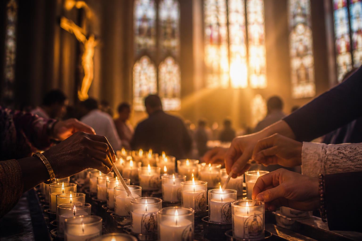 Candlelight prayer in a cathedral with stained glass windows